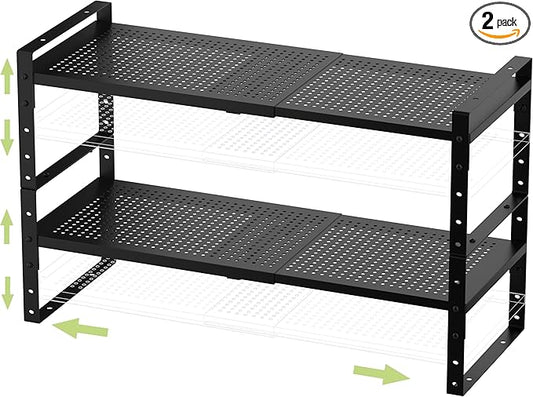 Expandable Stackable Aadjustable Spice Rack Pantry Shelf for Kitchen Cabinets Counter Shelves Countertop Cupboard Storage Solution,Sturdy Heavy-Duty Metal Construction(2Packs/Black/Large)