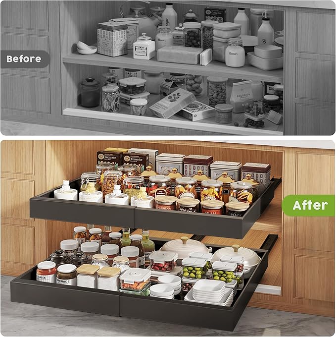 2 Pack Pull Out Cabinet Organizers 21"Deep With Raising Pad for Framed Cabinets,Expandable Slide Out Drawers Upgrade 3 Slide Rails,Roll Out Shelves Adhesive,Adjustable Width 15.2"-26.3" Black
