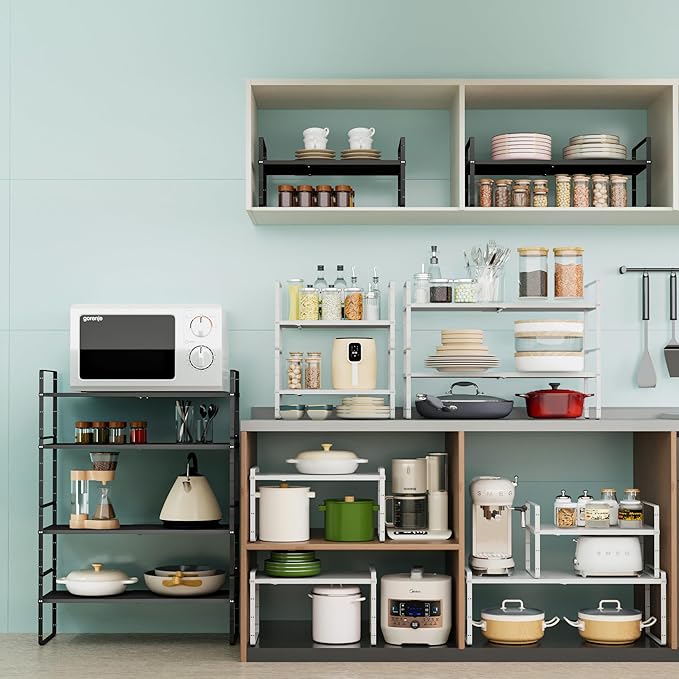 Expandable Cabinet Organizer Shelf, Adjustable Height Organizer Riser for Kitchen Cabinet Spice Rack Locker Pantry Cupboard Under Sink Countertop Desk Organization Metal Stackable Shelves