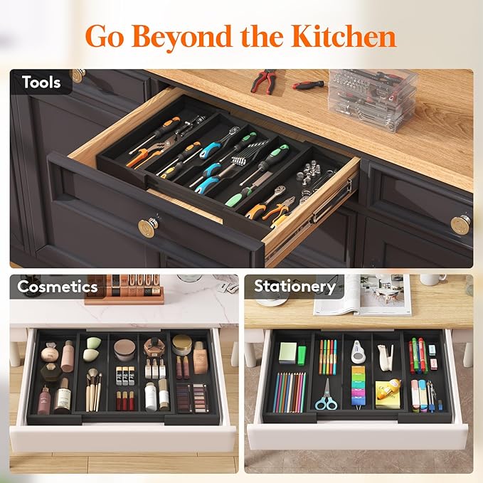Lifewit Utensil Organizer for Kitchen Drawer, Expandable Cooking Utensil Tray, Bamboo Cutlery Silverware Flatware Holder, Adjustable Spatula Tools and Gadgets Storage Divider, Large, Black