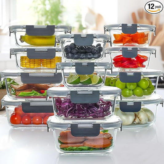 UMEIED 12 PACK Glass Food Storage Containers with Leak Proof Lids, Glass Airtight Meal Prep Containers Set for Lunch, On the Go, Leftover, Kitchen Pantry Organizers and Storage (Grey)