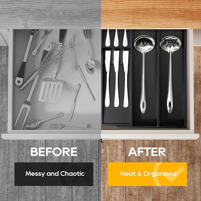 Bamboo Expandable Silverware Drawer Organizer Tray, Removable Dividers Kitchen Utensil Tray for Different Dimension Flatware, Spoons, Forks, Knives (Black,7 Slots)