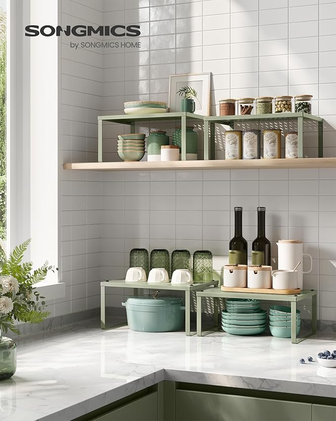 SONGMICS Spice Racks, Set of 2 Metal Cabinet Shelf Organizers, Countertop Organizers, Shelf Risers, Stackable, Expandable, Laurel Green UKCS001C01