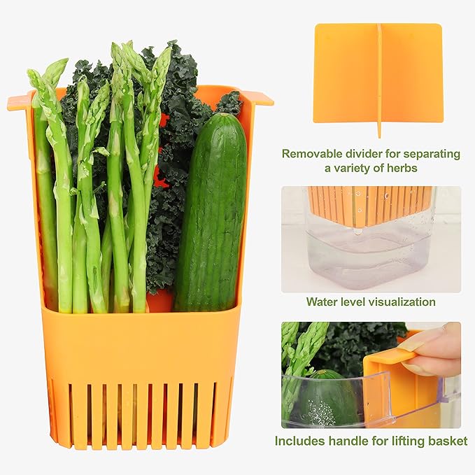 Herb Keeper Set: 2 Pack Herb Saver+1 Pack Herb Scissors+2 Pack Herb Stripper, Refrigerator Organizer, Herb Container for Cilantro, Mint & Asparagus, Keeps Fresh Herbs for 3 Times Longer Green&Orange