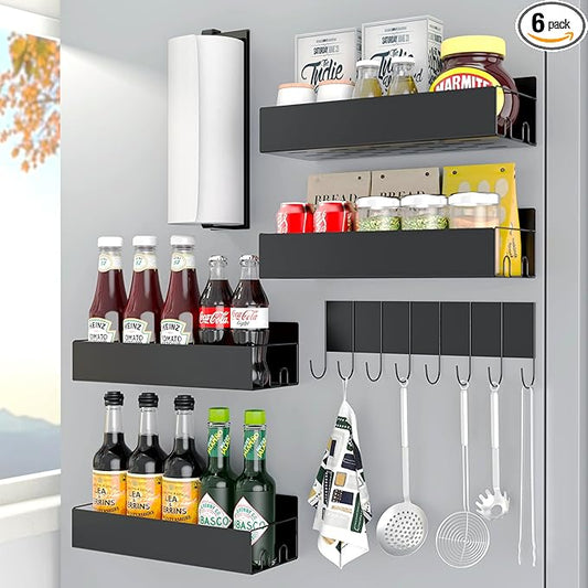 Magnetic Spice Rack for Refrigerator, Black Metal Space Saving Spice Racks Magnetic Refrigerator, Fridge Shelves with Strong Magnets, Six-Piece Magnetic Storage Rack, Magnetic Spice Rack