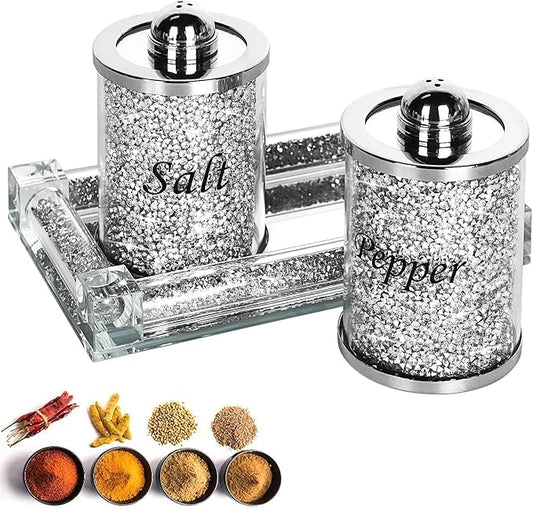 Crystal Salt and Pepper Shakers Set with Tray,Sparkly Crystal Crushed Diamond House Decor for Kitchen,Bling Salt Pepper Jar Container Pot for Countertop,saleros para cocina elegantes,Silver
