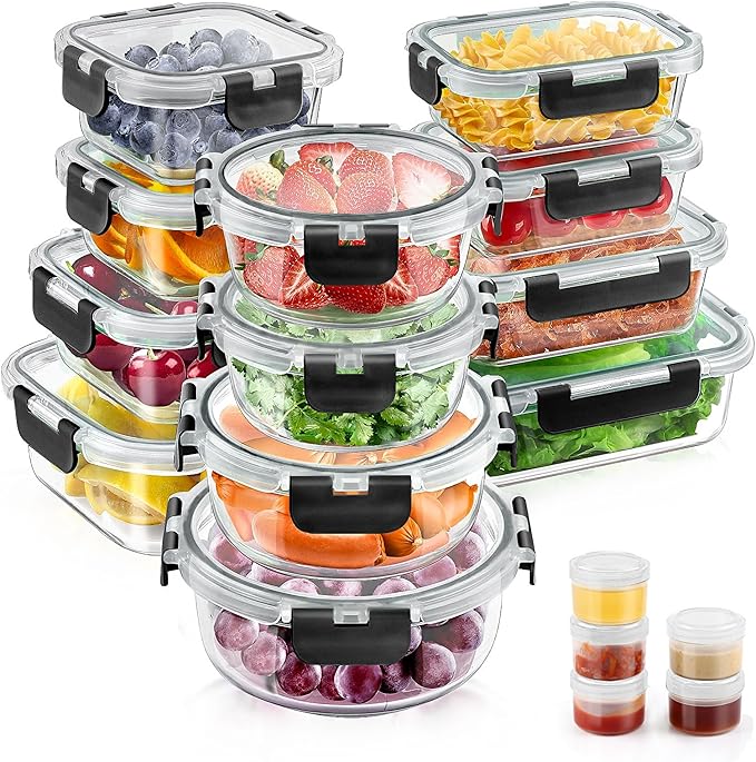 34pcs Glass Food Storage Containers with Lids Set, Airtight Glass Meal Prep Containers (17 Containers & 17 Lids), Leak Proof Lunch Containers BPA-Free, Microwave, Oven, Freezer, Dishwasher Safe-Black