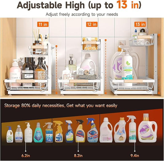 2 Packs Under Sink Organizer, High Adjustable 2 Tier Under Kitchen sink organizer, Multi-Purpose Storage Shelf for Kitchen Bathroom Cabinet, White