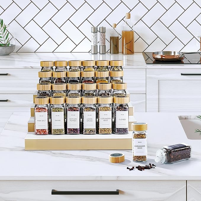 Spice Jars, 24 Pcs 4oz Seasoning Jars with Label, Glass Jars with Bamboo Lids, Spice Containers Bottles with Pepper Grinder & Stainless Steel Funnel for Seasoning Organizer, Cabinet, Drawer