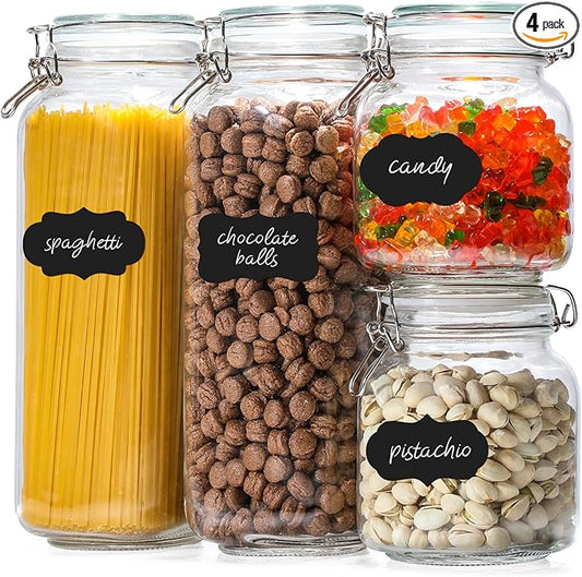 VITEVER [ Taller ] Glass Jars with Airtight Lid, 92oz/34oz Large Glass Food Storage Jars, 4 Pack Wide Mouth for Kitchen Pantry Spaghetti, Square Mason Jars with Labels