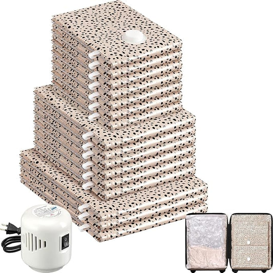 16 Pack Travel Vacuum Storage Bags with Electric Pump, 3 Large + 6 Medium + 7 Small Vacuum Sealer Bags, 80% Space Saver Bags for Luggage, Comforters and Blankets, Travel Essentials(Beige Leopard)