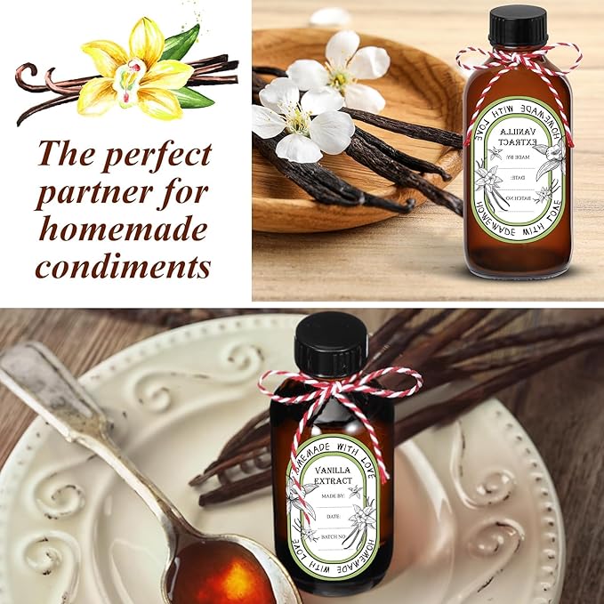 12 Pack 4 oz Vanilla Extract Bottles with Black Poly Cone Caps and 12 Pcs Vanilla Extract Stickers, 120ml Boston Round Sample Bottles for Homemade Vanilla Extract, Essential Oils, Herbal Medicine(4oz)