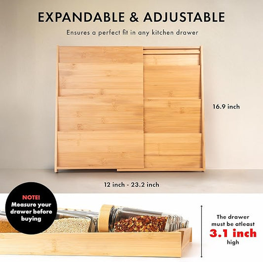 Bamboo Spice Drawer Organizer - Expandable 4 Tier Spice Rack (Need 3" Deep Drawer) 12" to 23" Wide, Seasoning Organizer, Organization Seasoning Rack insert for Kitchen Cabinet (Jars Not Included)