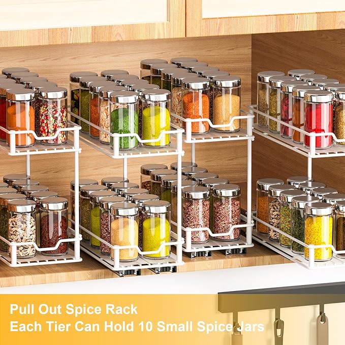 Pull Out Spice Rack Organizer for Cabinet, 2 Tier Slide Out Spice Rack, Sliding Spice Organizer Shelf, White