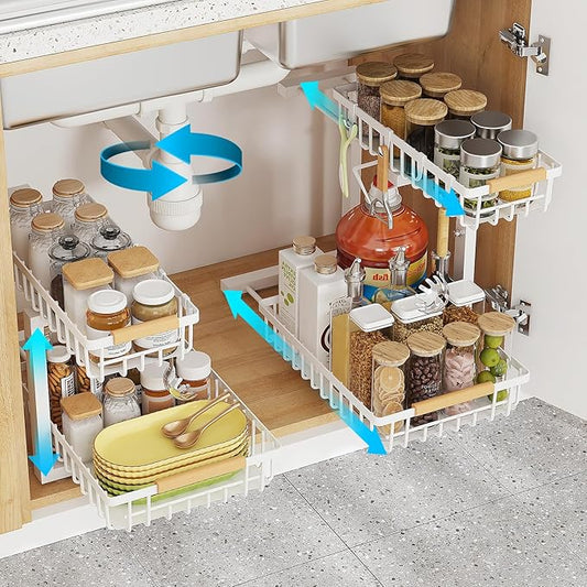 Under Sink Organizer, 2 Tier Slide Out Under Sink Organizers and Storage, Height Adjustable Pull out under cabinet storage, Metal Bathroom Kitchen Sink Organizer