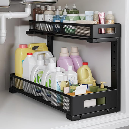 1 Pack 20.47IN Depth Under Sink Storage Organizer, Large 2-Tier Elegant Mesh Pull Out Shelf for Kitchen and Bathroom Cabinet Organization, L-Shaped and Adjustable Height Design-Black