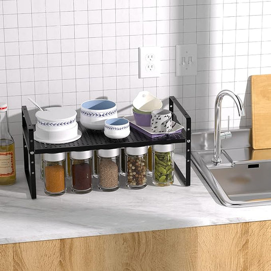 Expandable Kitchen Cabinet Shelf Organizers 2 Pack, Stackable Metal Pantry Storage Shelves Rack, Adjustable Counter Shelf for Cabinets, Countertop, Cupboard Organizers and Storage, Black