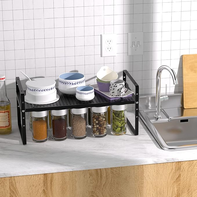 Expandable Kitchen Cabinet Shelf Organizers 3 Pack, Stackable Metal Pantry Storage Shelves Rack, Adjustable Counter Spice Shelf for Cabinets, Countertop, Cupboard Organizers and Storage, Black