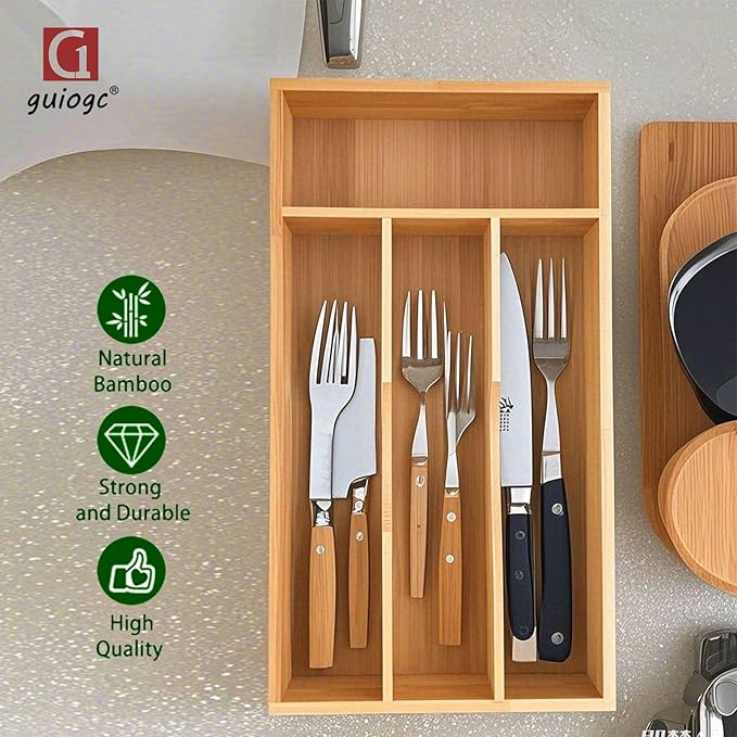 Bamboo Kitchen Drawer Silverware Organizer, 7 Inch Silverware Utensils Tray Holder for Small Drawer, Wood Caddy for Flatware Cutlery Knives 4-Slots