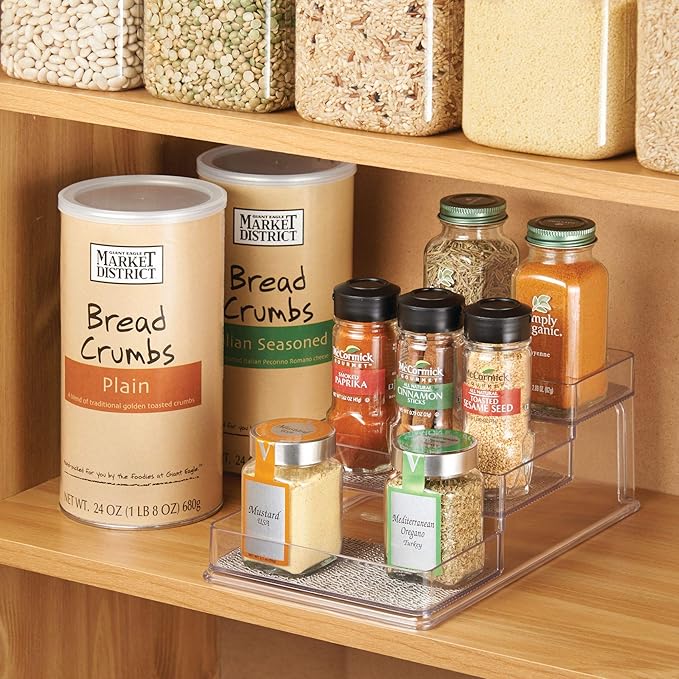 iDesign Twillo Plastic Stadium Spice Rack, 3-Tier Organizer for Kitchen Pantry, Cabinet, Countertops, Vanity, Office, Craft Room, 10.3" x 6" x 4", Metallico and Clear