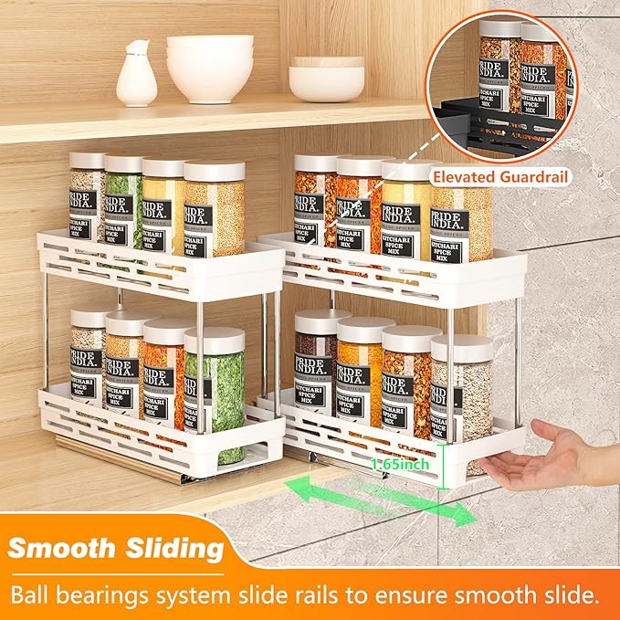 2-Pack Pull-Out Spice Rack Organizer for Cabinet, Slide-Out Rack, Easy to Install, 4.4"W x 10.5"D x 8"H, Holds 10 Spice Jars Each - 2 Tier, White