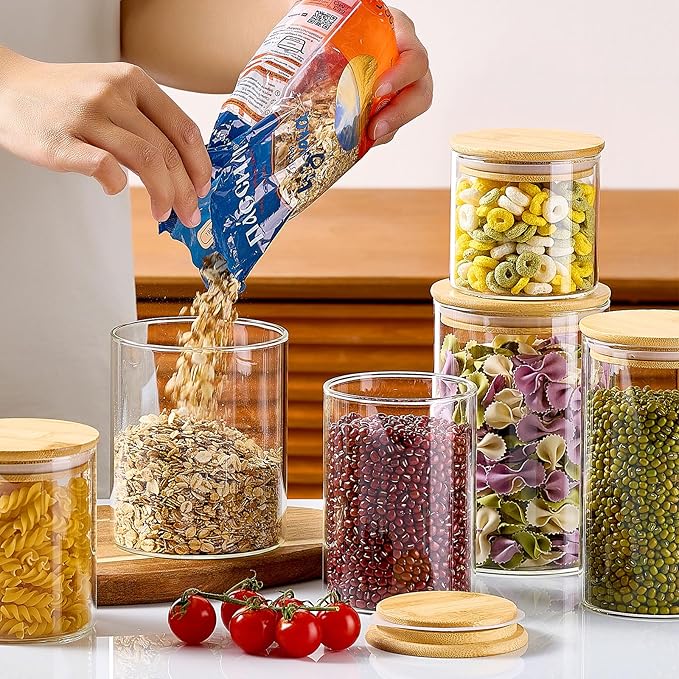 7 Pack Thicker Glass Food Storage Jars with Airtight Bamboo Lids, Clear Glass Storage Containers, Glass Canisters Set for Pasta, Nuts, Coffee Beans, Kitchen Pantry Organization Jar, BPA Free