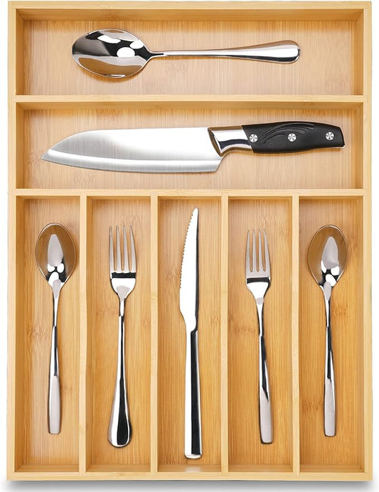 Bamboo Kitchen Drawer Organizer, 13 Inch Silverware Organizer with Extra-deep Grooved Divider, 7 Slots Pure Bamboo Wood Caddy for Flatware Cutlery Knives, Forks, Spoons