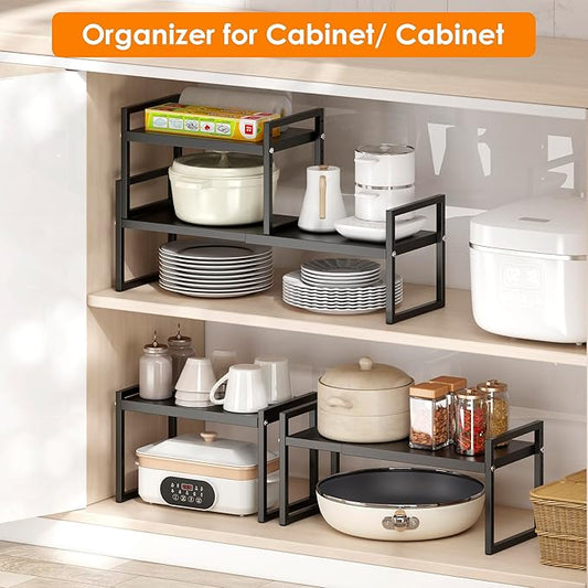 DOLALIKE Expandable kitchen Countertop Organizer, Stackable Cabinet Shelf Organizers, Space Saving Spice Rack Pantry Storage for Bathroom Office (Black, 1 Pack)