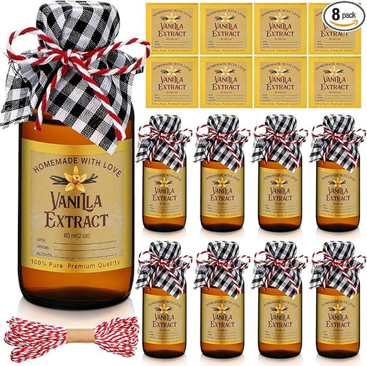 Uiifan 8 Pcs Vanilla Extract Bottles Amber Glass Jars with Caps Boston Round Bottles with 8 Pcs Vanilla Extract Labels Stickers for Syrup Gift Glass Food Storage Canister Set Sauce Beans(2 oz)