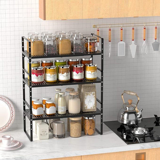 Expandable Kitchen Cabinet Shelf Organizers 3 Pack, Stackable Metal Pantry Storage Shelves Rack, Adjustable Counter Spice Shelf for Cabinets, Countertop, Cupboard Organizers and Storage, Black