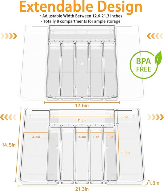 Silverware Drawer Organizer, Expandable Utensil Tray for Kitchen Drawers, BPA Free Flatware and Cutlery Holder, Adjustable Plastic Storage for Utensil like Spoons, Forks, Knives.Clear