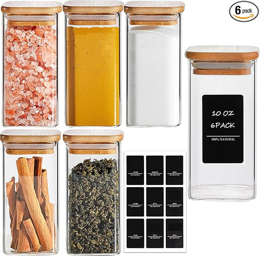ComSaf 6Pcs 10 oz Spice Jars with Label Trial Set, Glass Condiment Jars with Bamboo Lids Supplementary, Spice Container Trial Set, Perfect for Ktichen Starter