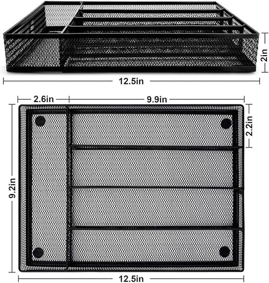 HaWare Utensil Drawer Organizer, Mesh Wire Silverware Organizer Divider for Kitchen, Stainless Steel Cutlery Flatware Storage Tray with Non-Slip Foam Feet, 5 Compartment, 12.5 x 9.2Inch, Black