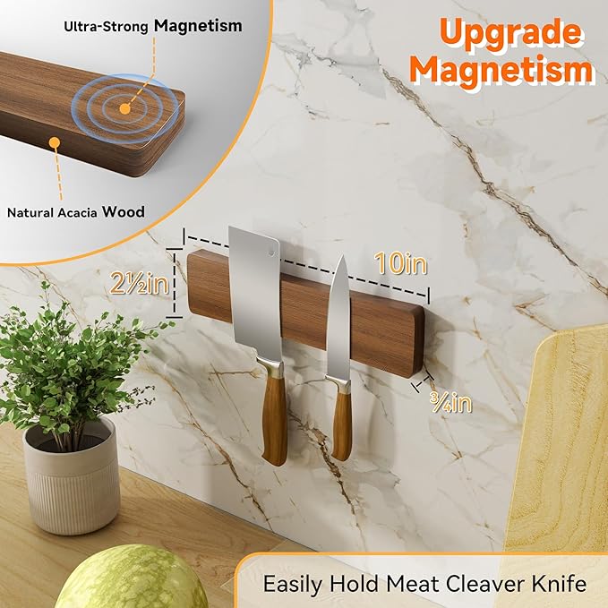 Magnetic Knife Holder for Wall, 10" Acacia Wood Knife Magnetic Strip Powerful Magnet Knife Holder Strip No Drill Use as Tool Key Storage Knife Bar, Knife Rack for Kitchen Utensil Organizer Dark Brown