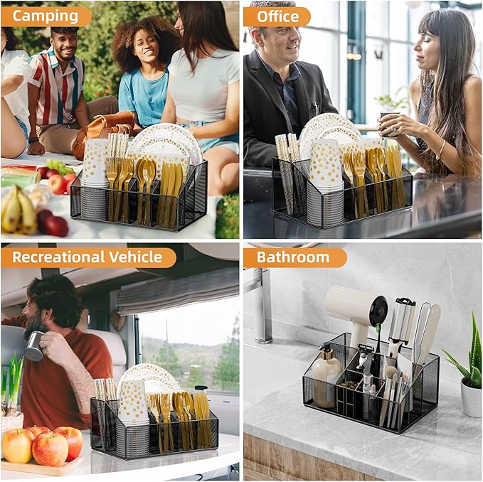 Metal Graduation Paper Plate Dispenser Holders, Disposable Paper Plate Utensils Holder for Party, Napkin Cups-Silverware Cutlery Holder Caddy for Kitchen Counter, Black