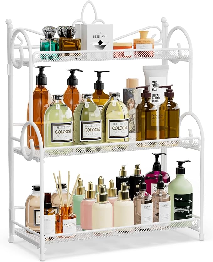 Bathroom Counter Organizer - Spice Rack Countertop 3 Tier Counter Shelf Organizer for Bathroom Kitchen Bedroom Foldable White