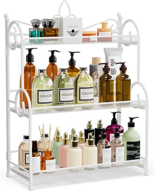 Bathroom Counter Organizer - Spice Rack Countertop 3 Tier Counter Shelf Organizer for Bathroom Kitchen Bedroom Foldable White