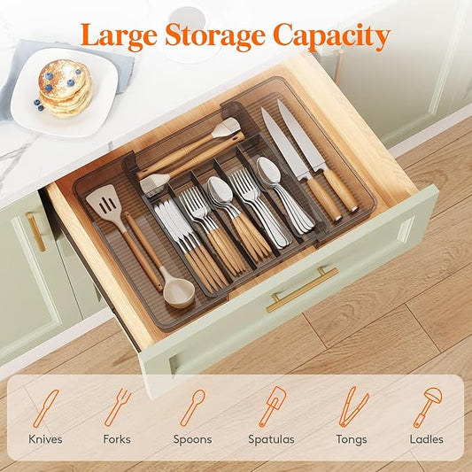 Lifewit Silverware Organizer for Kitchen Drawer, Expandable Utensil Tray for Spoons Forks Knives, Adjustable Flatware Cutlery Holder Storage, Large, Black