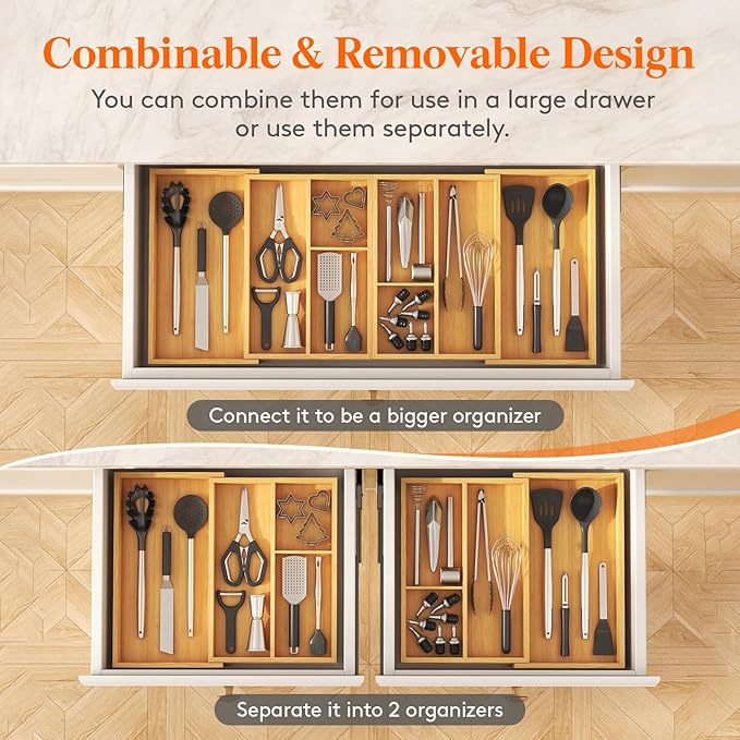 Lifewit Large Utensil Organizer for Kitchen Drawer, Expandable 21.4 to 36 Inches Wide, Adjustable Cooking Silverware Tray, Bamboo Cutlery Flatware Holder, Spatula Tool Gadget Storage Divider, Natural