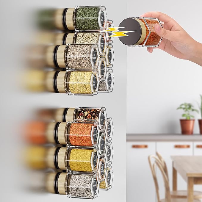 Set of 18 Magnetic Glass Spice Tins with 100 Preprinted Seasoning Label Stickers (Include Black Metal Wall-Plates)