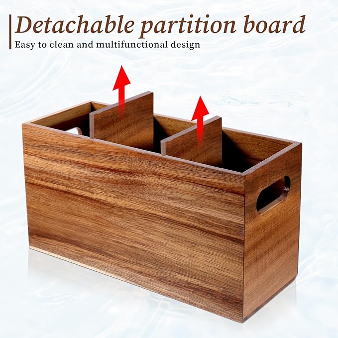 Wooden Utensil Holder, 3 Compartment Spatula Holder Natural Acacia Wood Silverware Organizer Large Boho Rustic Cooking Tool Caddy for Farmhouse Kitchen Counter Decor and Storage Spoons