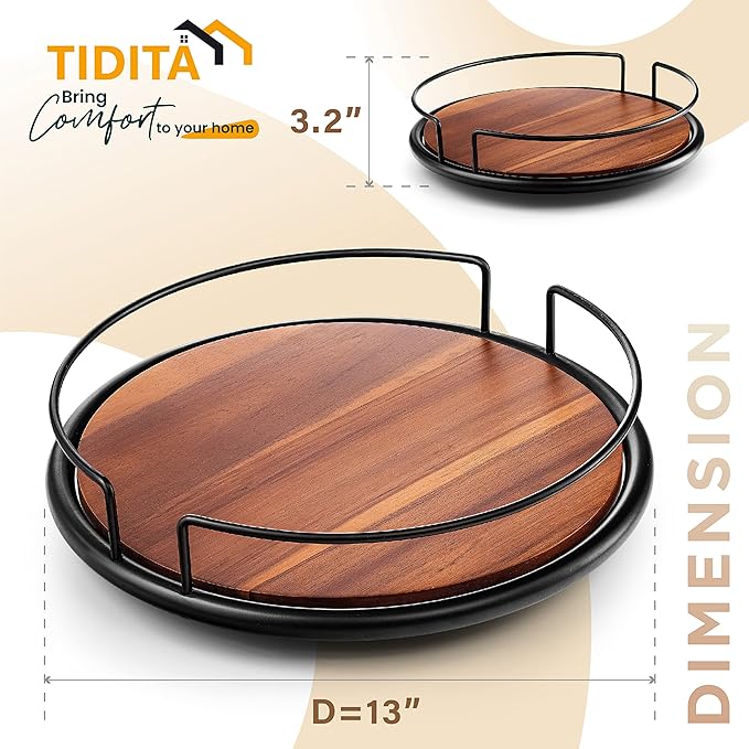 13" Acacia Wood Lazy Susan Turntable with Metal Frame for Table Top - Wooden Serving Tray Rotating for Kitchen Counter - Centerpiece Organizer Storage Food Bin Container for Pantry, Fridge