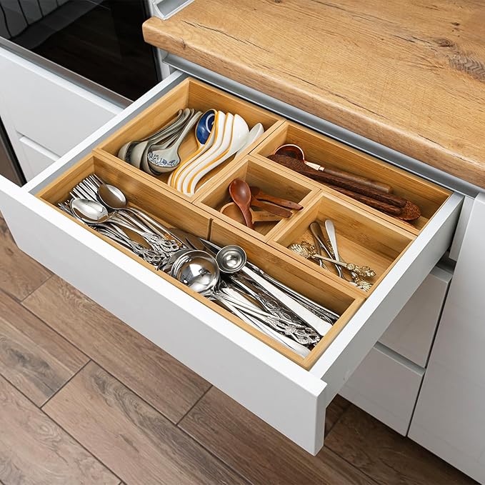 5 Pieces Bamboo Drawer Organizer, Multi-Use Individual Junk Tea Storage Drawer Tray Set with Removable Dividers, Adjustable Cutlery Utensils Holder Bin for Kitchen, Office, Bathroom