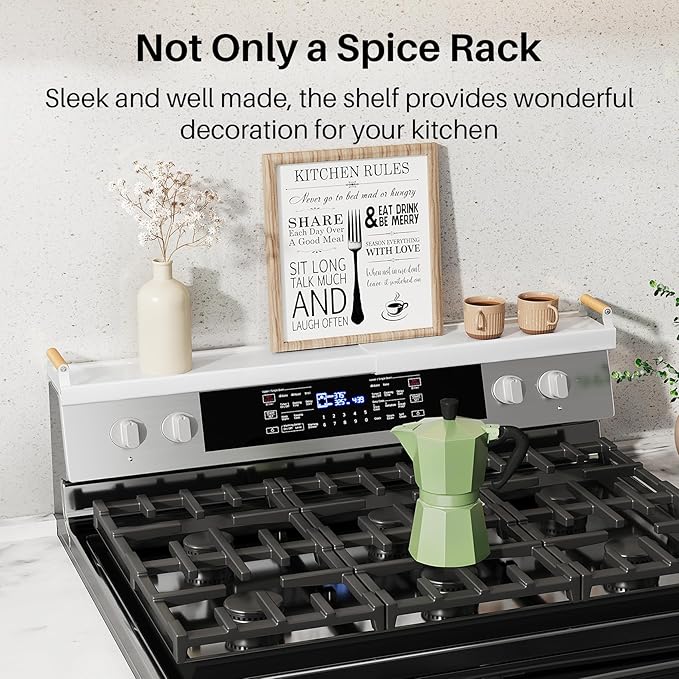 Magnetic Stove Top Shelf Spice Rack Organizer - Adjustable (16.9" to 30") Over the Kitchen Oven Shelf for Back of Stove, White