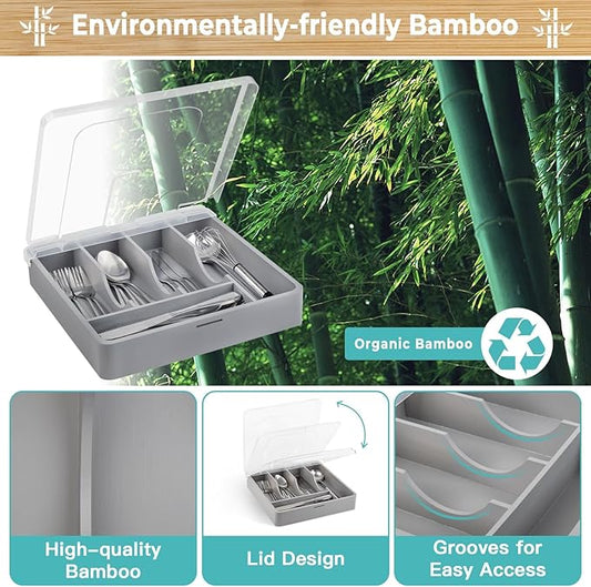 Bamboo Silverware Organizer,Wooden Silverware Tray for Drawer, Utensil Drawer Organizer in Kitchen for Spoons Forks Knives, Multipurpose Use, Eco-Friendly, Large