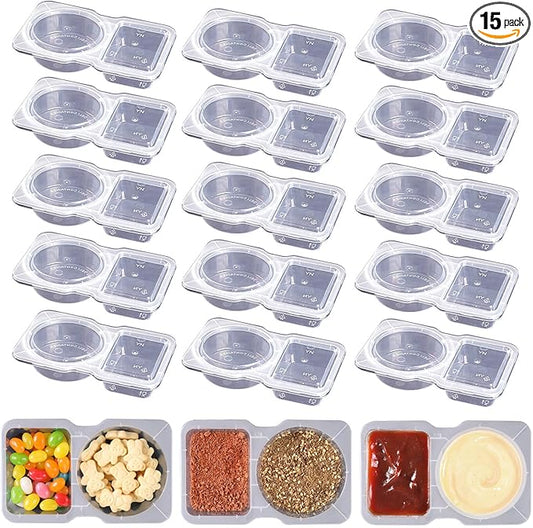 15 Sets Double Compartment Condiment Containers with Lid, Transparent Small Plastic Dipping Containers for Condiments or Dips, Sauce Snack, Salad Dressing, Sampling, Travel Snack