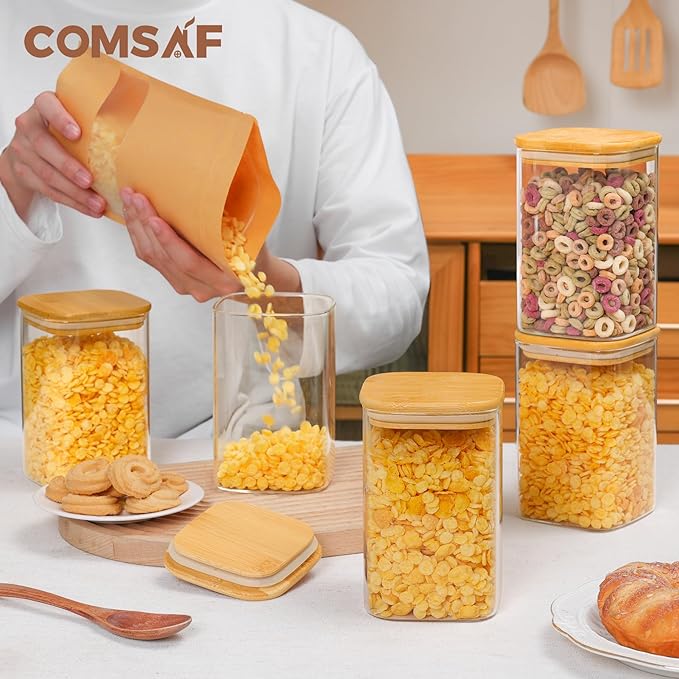ComSaf 37oz Glass Storage Containers with Lids, Glass Jars with Lids, Clear Food Storage Jar, Square Glass Canister Set of 9, Pantry Organizers and Storage for Cookie Flour Oat Pasta Tea Coffee Bean