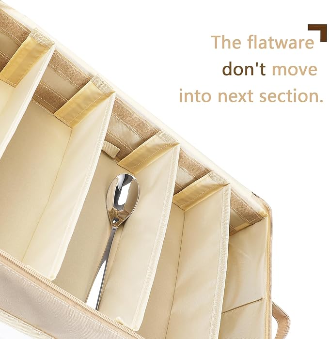 Flatware Utensil Storage Case, Beige Large Capacity Silverware Storage Box Chest with Adjustable Dividers, Removable Cutlery Storage Holder with Zipper Lid for Organizing Spoon/Flatware/Knives