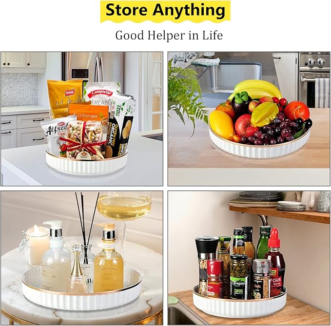 12 Inch 2 Pack Fluted Lazy Susan Turntable Organizer for Cabinet, Kitchen, Pantry, Fridge,Countertop, 360 Rotating Non-Skid Wavy Spinning Rack Food Storage Container for Spices,Condiments,Snacks-White