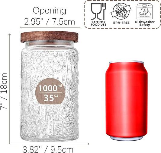 Glass Storage Jars With Airtight Lid, 35oz Container For Kitchen Counter with Wooden Lid, brown sugar, candy, coffee, cookie, salt, tea, cute Jar (35oz Large Sunflower)